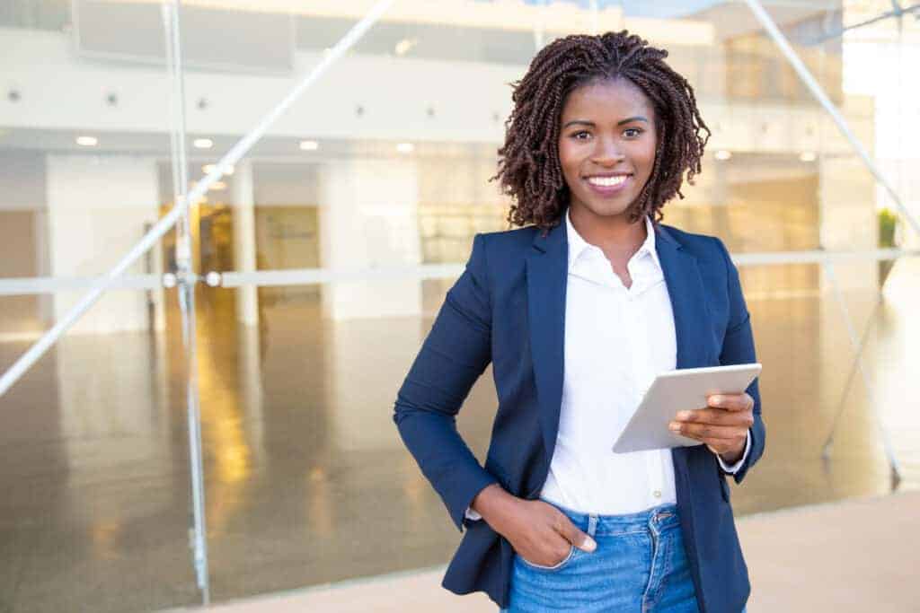 woman looking at different types of erp systems