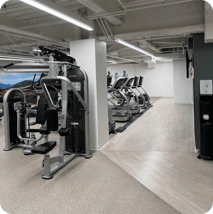 Treadmills lined up with more gym equipment.